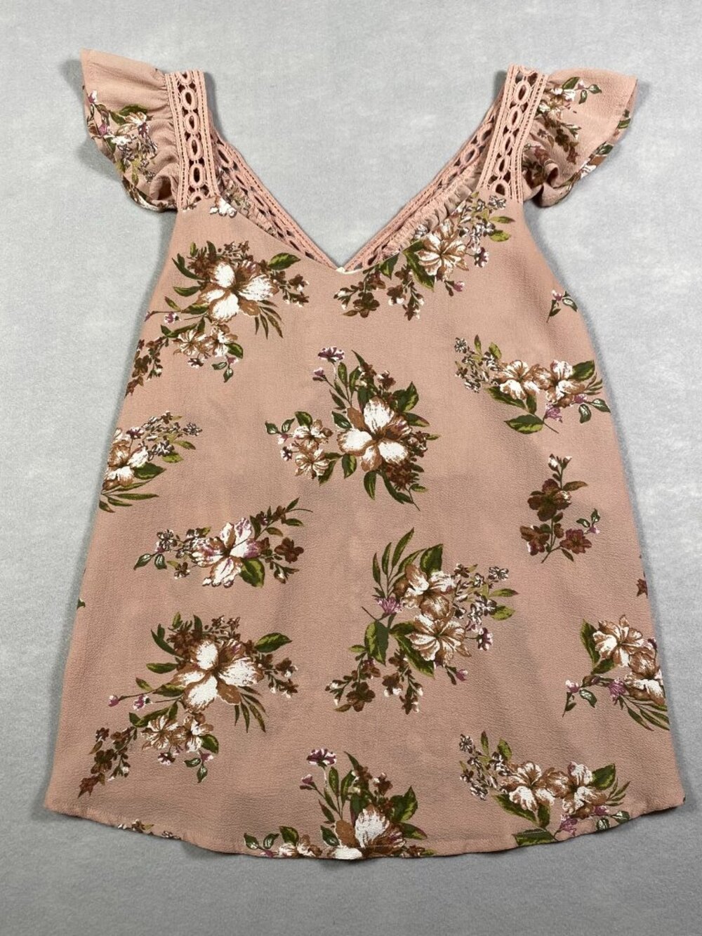 Sweet Wanderer Pink Floral Ruffle Sleeve V-Neck Tank Top Women's Size S